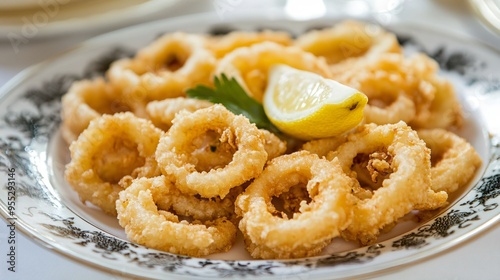 A serving of calamares a la romana, deep-fried squid rings, garnished with lemon wedges and served on a vintage plate