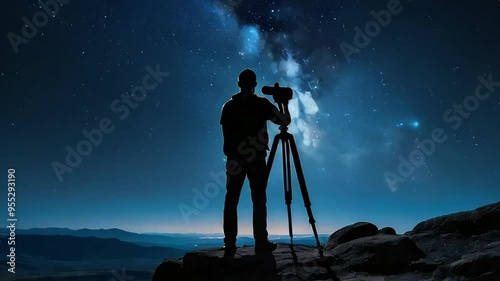 Silhouette of a photographer capturing the night sky with a camera on a tripod