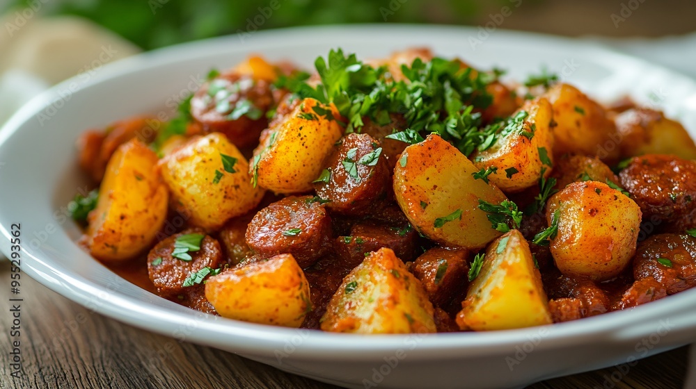 A serving of patatas a la riojana, potatoes with chorizo in a rich paprika sauce, garnished with fresh parsley A serving of patatas a la riojana, potatoes with chorizo in a rich paprika sauce, garnished with fresh parsley