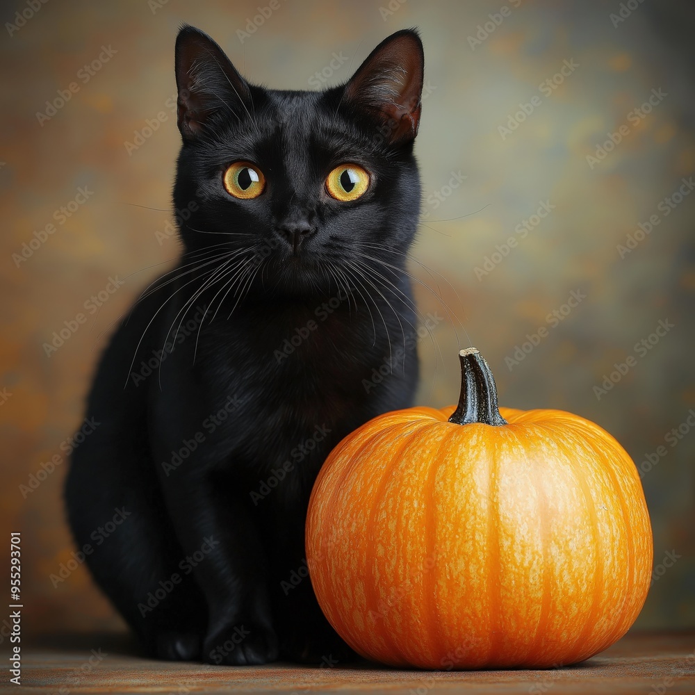 Black Cat with a Pumpkin in a Spooky Setting Black Cat with a Pumpkin in a Spooky Setting