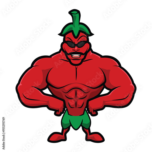 cartoon character of muscular man, red chili pepper 2