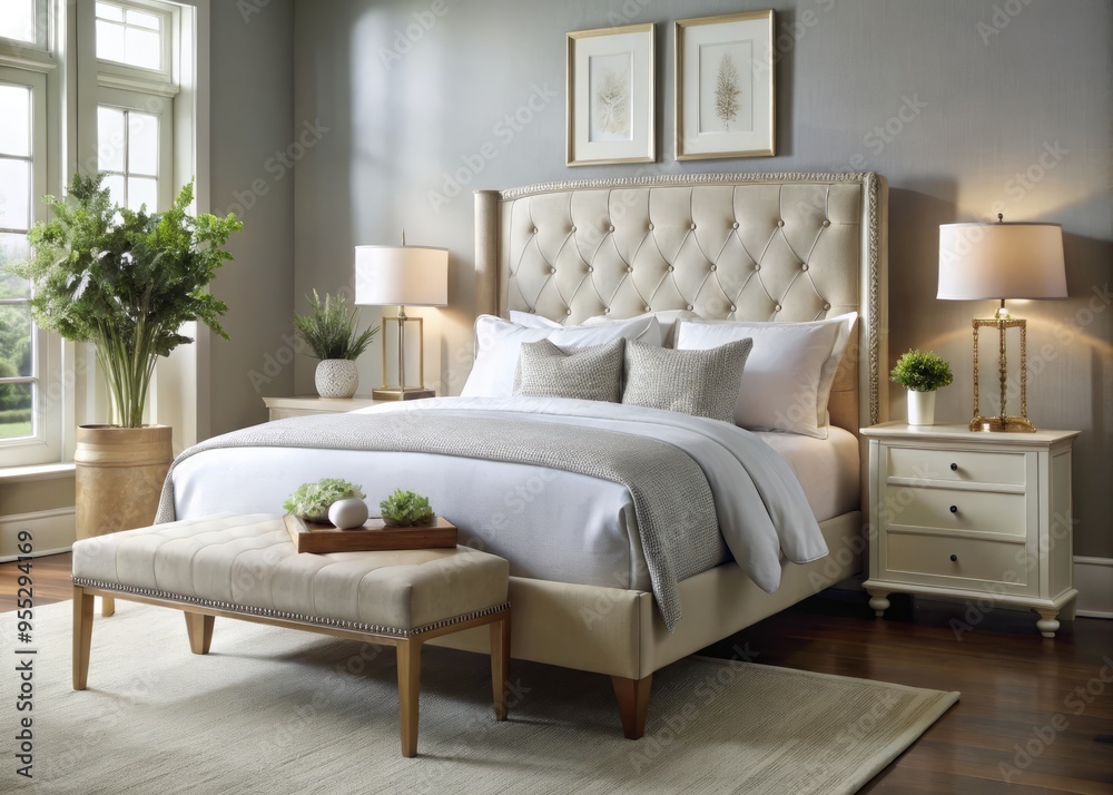 Fototapeta premium Soften the bed with a neutral-upholstered headboard and footboard, pairing it with crisp white linens for a calming