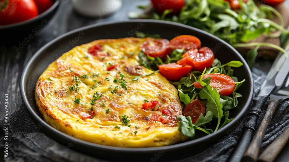 A traditional Spanish tortilla with a golden-brown crust, served alongside a simple tomato salad A traditional Spanish tortilla with a golden-brown crust, served alongside a simple tomato salad