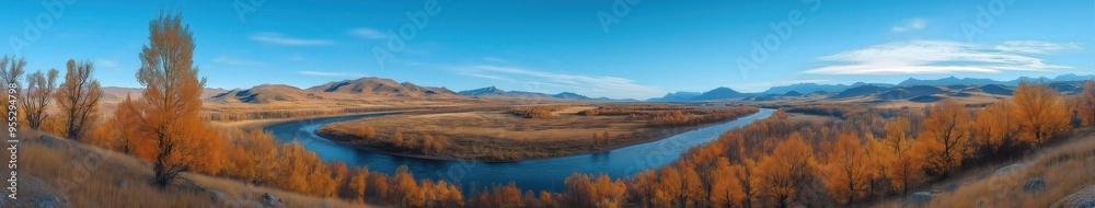Panoramic View of a Serene Autumn River Landscape Panoramic View of a Serene Autumn River Landscape