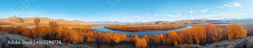  Scenic Autumn Panorama with River and Rolling Hills