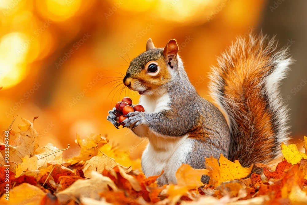 A Grey Squirrel Eating Nuts in Autumn Foliage A Grey Squirrel Eating Nuts in Autumn Foliage