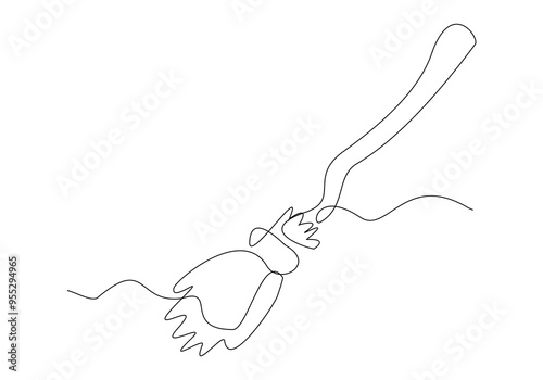 Continuous single line sketch drawing of wizard witch flying broom halloween spooky concept one line vector illustration