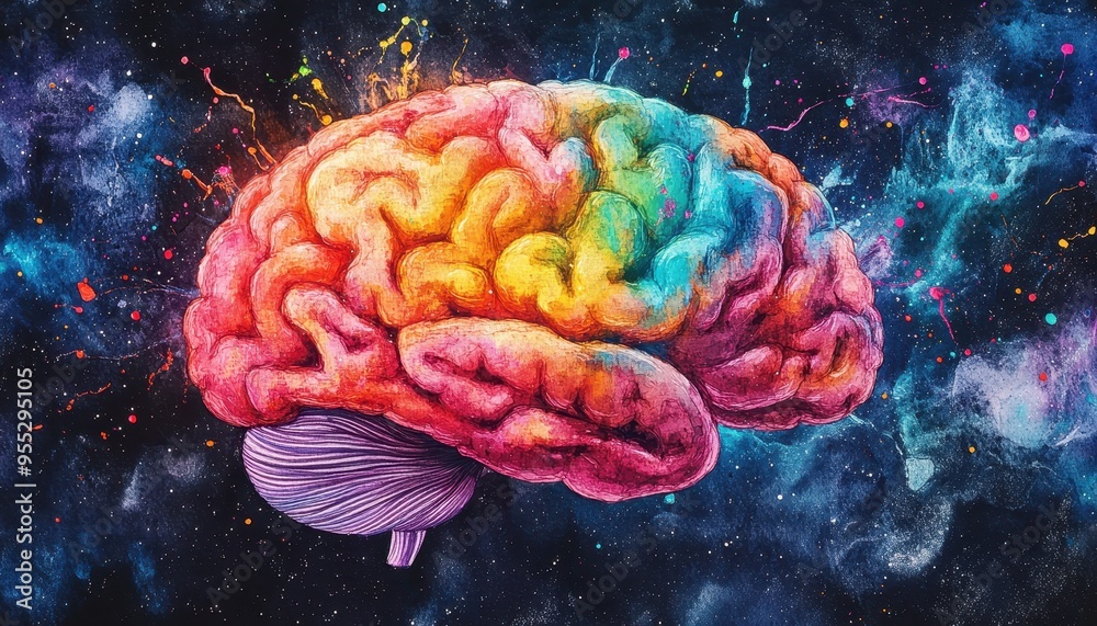 Obraz premium Evolution of Thought: Vibrant Watercolor Brain with Neural Connections Symbolizing Creativity, Imagination, and AI Integration