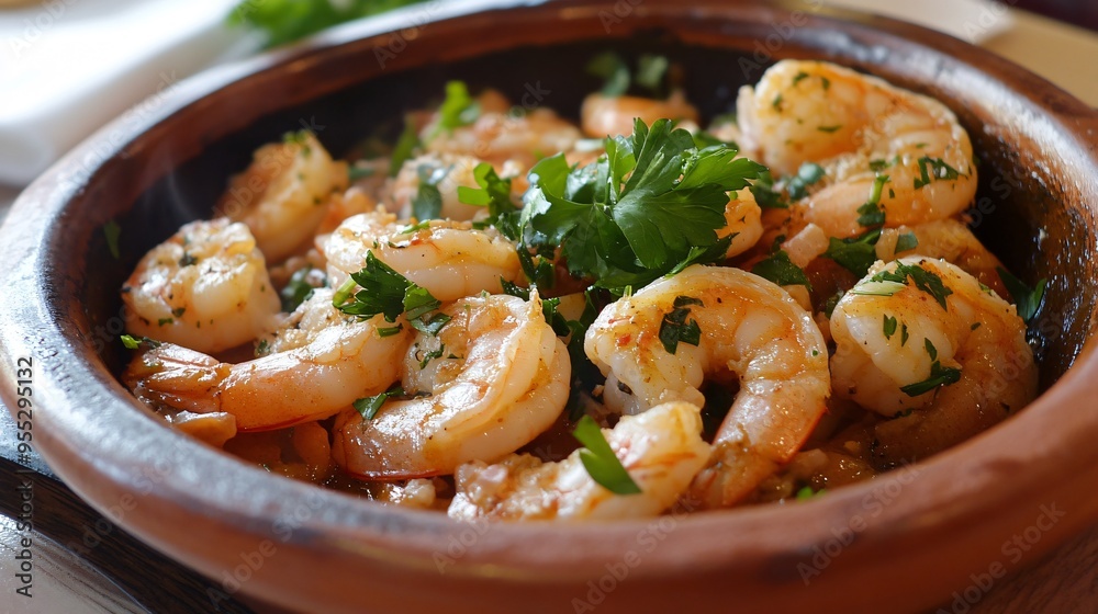 Gambas al ajillo (garlic shrimp) sizzling in a clay dish with a garnish of fresh parsley Gambas al ajillo (garlic shrimp) sizzling in a clay dish with a garnish of fresh parsley