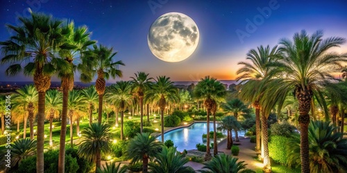 Aerial view of Kemer in Marrakech with full moon and palm trees photo