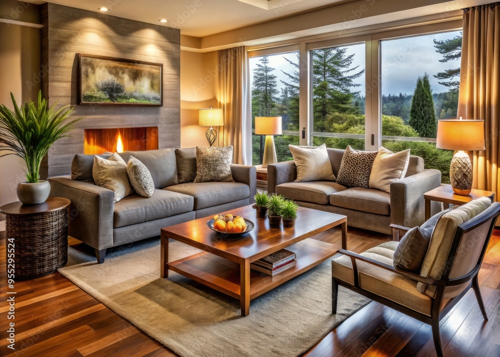 Fototapeta premium Soft gray couches and chunky throw blankets envelop the room in warmth, inviting relaxation. Modern accents and plants