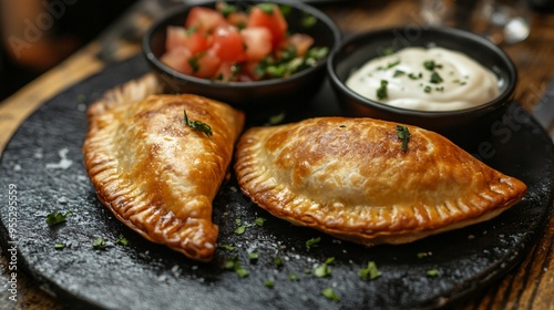 Spanish empanadas filled with tuna and tomato, served hot with a side of aioli photo