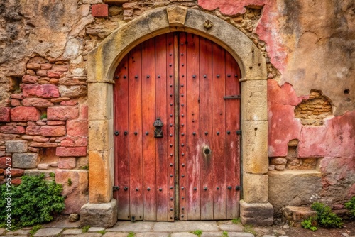 Rustic arched door set in a weathered stone wall.