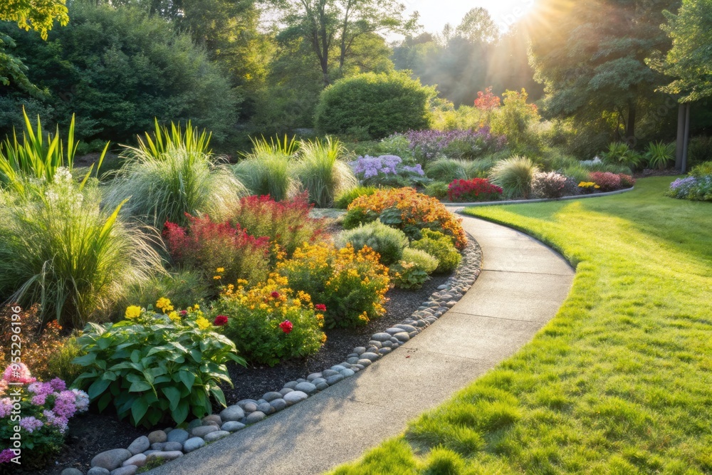 Fototapeta premium Serene garden path winding through lush greenery.