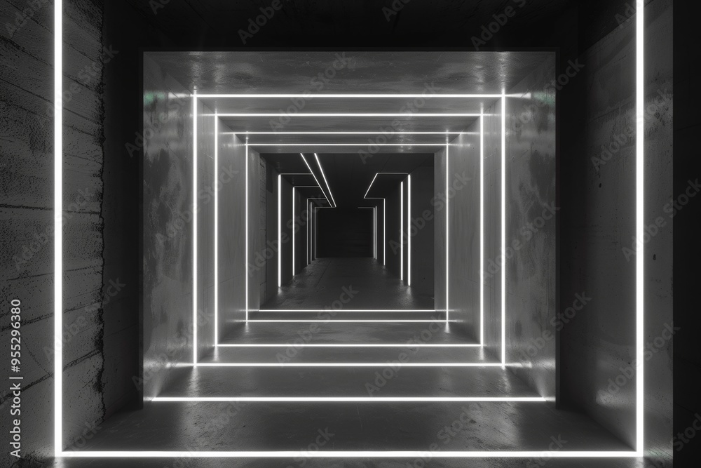 Obraz premium Futuristic corridor with geometric neon lights