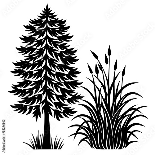 Minimalist Vector Art Pine Tree, Willow Tree, and Flowing Grass