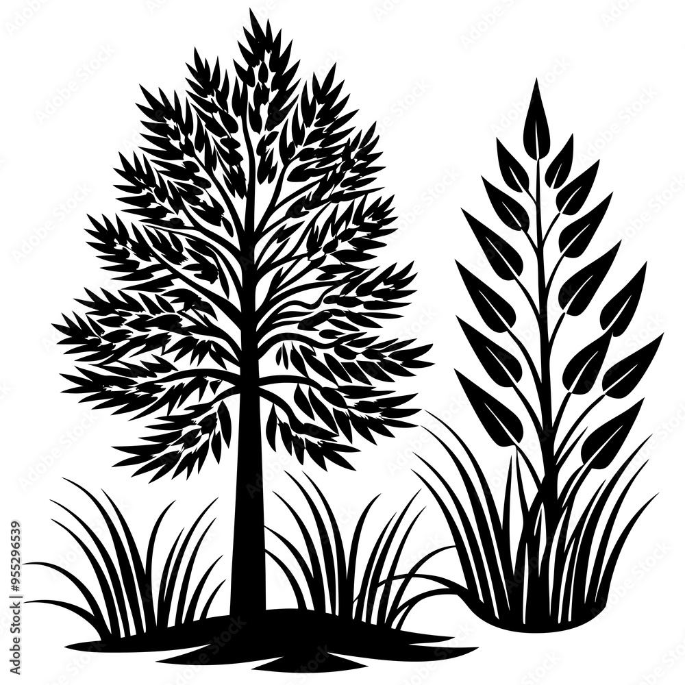 Minimalist Vector Art Pine Tree, Willow Tree, and Flowing Grass