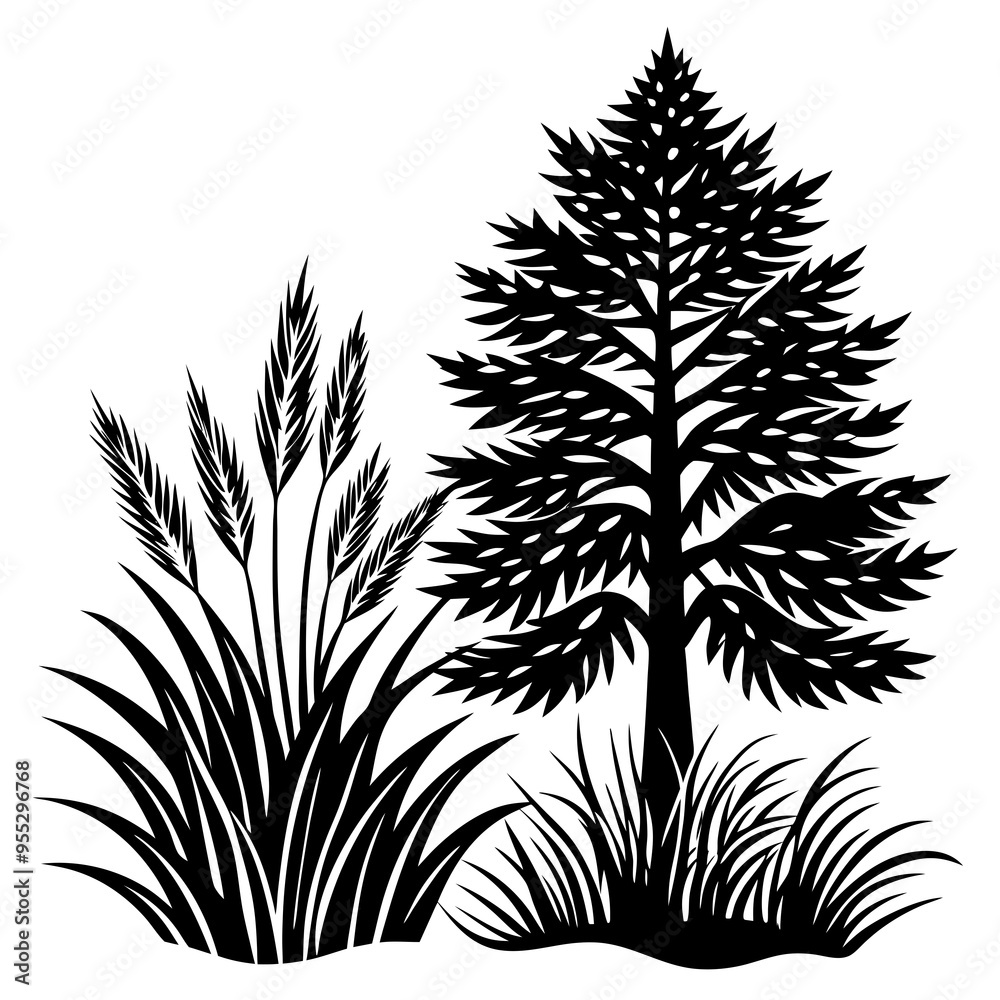 custom made wallpaper toronto digitalMinimalist Vector Art Pine Tree, Willow Tree, and Flowing Grass