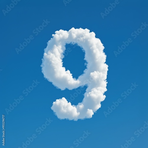 Cloud Shaped Number 9 in a Bright Blue Sky, 3D Cloud Number Design in a Surreal Dreamlike Atmosphere