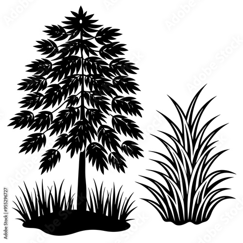 Minimalist Vector Art Pine Tree, Willow Tree, and Flowing Grass