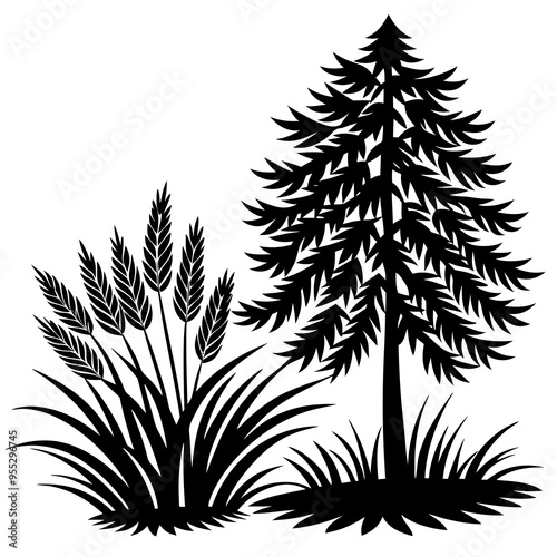 Minimalist Vector Art Pine Tree, Willow Tree, and Flowing Grass