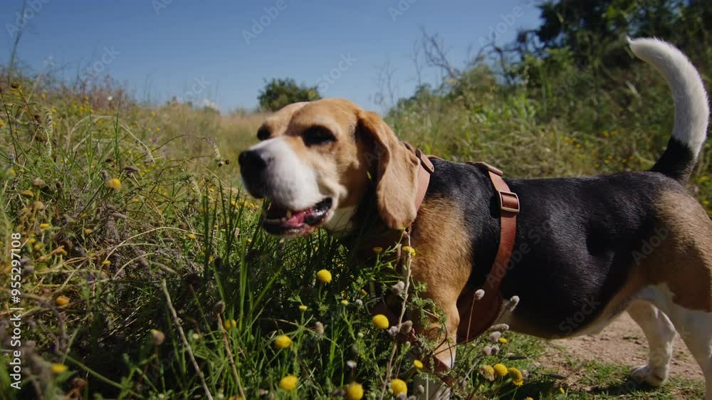 A Beagle dog is happily walking on a sunlit nature trail, exploring the outdoors with a leash A Beagle dog is happily walking on a sunlit nature trail, exploring the outdoors with a leash