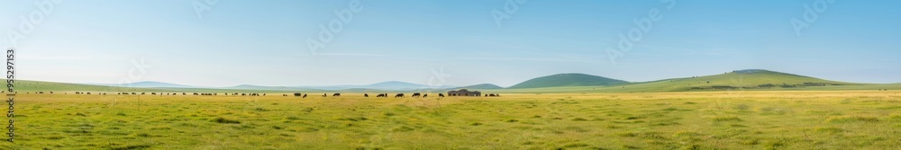 Obraz premium Serene Countryside Scene Panoramic View of Family on Rolling Hills with Farmhouse and Livestock Grazing Under Clear Blue Sky