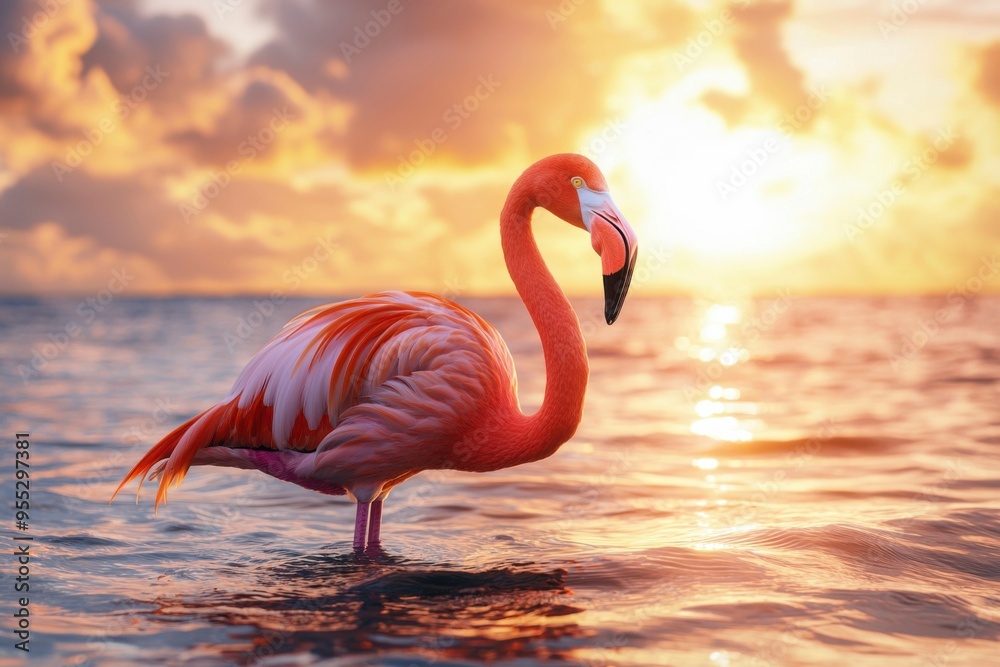Fototapeta premium Pink Flamingo Standing in the Ocean at Sunset