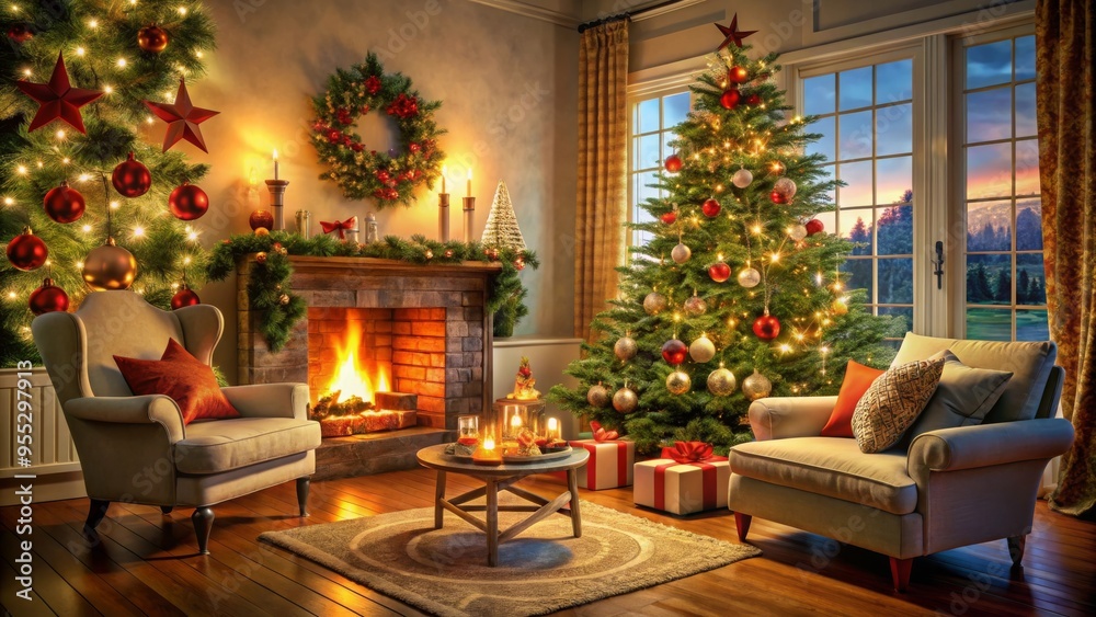 Obraz premium Warm Holiday Atmosphere: Christmas Tree, Lit Fireplace, and Wreath in Stylish Living Room