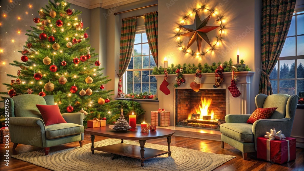 Cozy Christmas Living Room with Decorated Tree, Fireplace, Stockings, and Festive Lights Cozy Christmas Living Room with Decorated Tree, Fireplace, Stockings, and Festive Lights