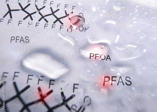 Water droplets with a PFAS text and  chemical structure in the background -- contaminated drinking water concept
