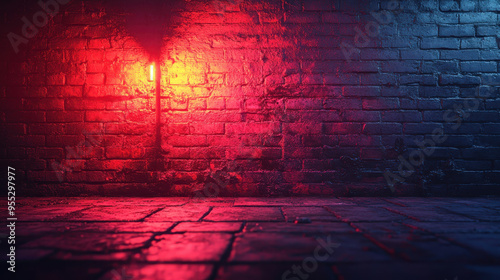 A red neon light casts an intense glow on a grungy brick wall at night, creating a moody and atmospheric urban scene