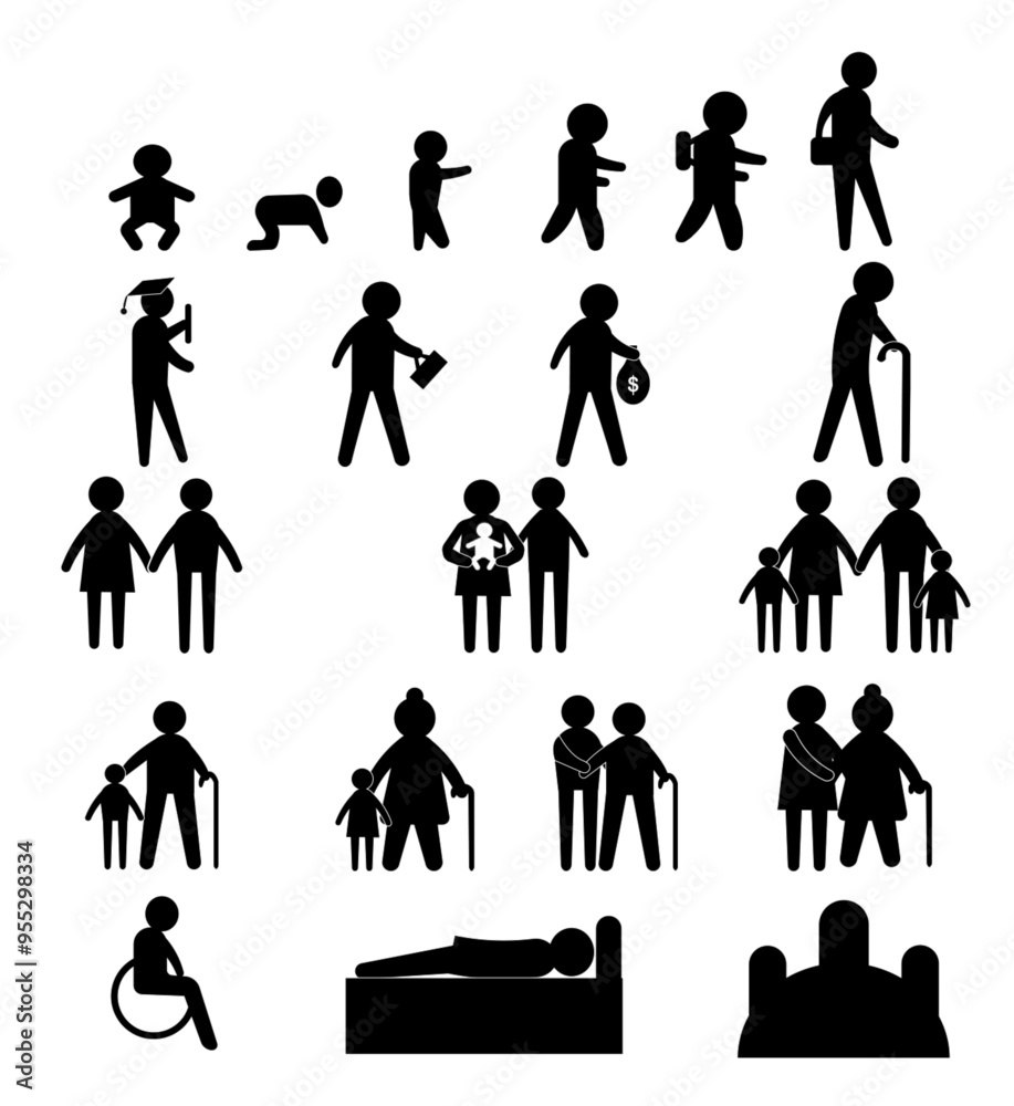 Human Life Baby Child Student Work Old Man Death Happy Family Icon Sign Symbol Human Life Baby Child Student Work Old Man Death Happy Family Icon Sign Symbol