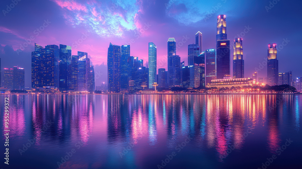 Fototapeta premium A stunning city skyline reflects on calm water at twilight, with the sky painted in vivid purple and blue hues
