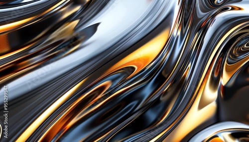 Abstract liquidlike shapes with smooth curves and reflective surfaces, highlighted by subtle golden hues