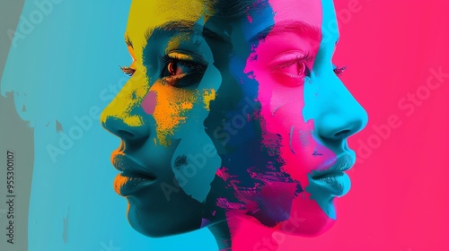 Abstract splitface illustration, vibrant colors, minimalist design, contrasting halves, conceptual art
