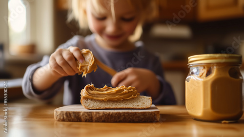 A child carefully spreading peanut butter on a slice of bread with a butter knife, the peanut butter jar is placed beside the bread. Ai generated