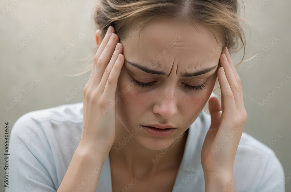 Woman suffering from stress, migraine or a headache grimacing in pain Woman suffering from stress, migraine or a headache grimacing in pain