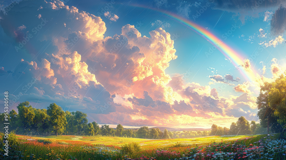 A vivid rainbow arcs over a sunlit field of flowers, with golden sunlight streaming through clouds, creating a serene and colorful scene