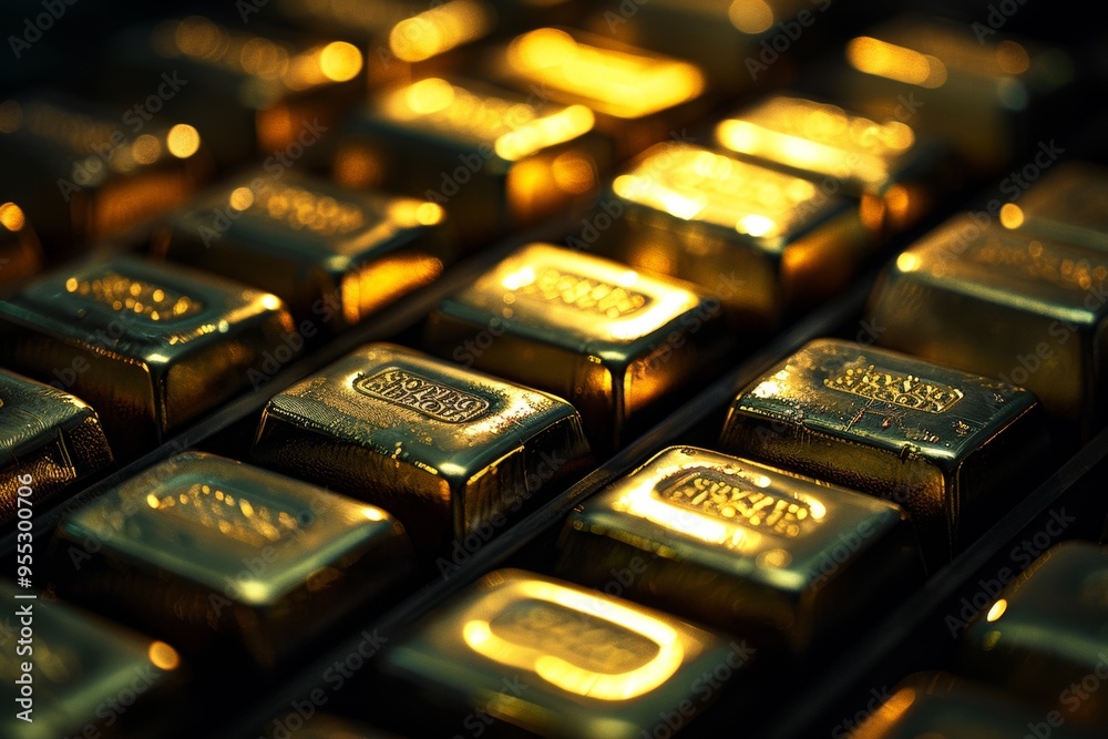 Shimmering gold bars stacked in vault Shimmering gold bars stacked in vault