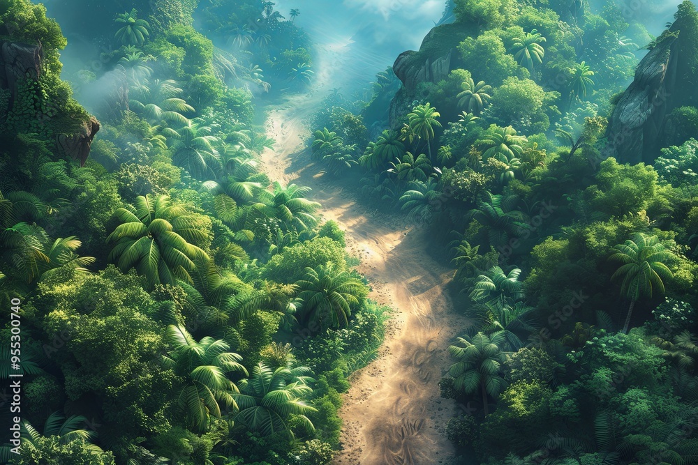 Aerial view of lush green jungle with a dirt road leading through it Aerial view of lush green jungle with a dirt road leading through it