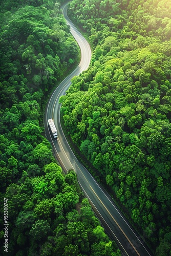 Aerial view of a truck driving on a winding road through dense, green forest under bright sunlight