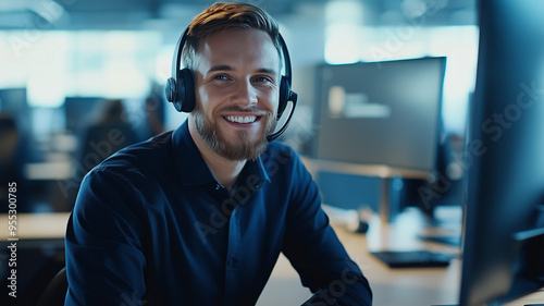 A customer service agent sitting at a desk, wearing a headset, and smiling while speaking on the phone, surrounded by dual monitors and office equipment. Ai generated