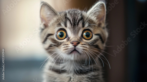 A cute domestic cat with big, wide eyes, looking shocked or surprised. The American Shorthair kitten's face conveys a sense of amazement and curiosity. Ai generated