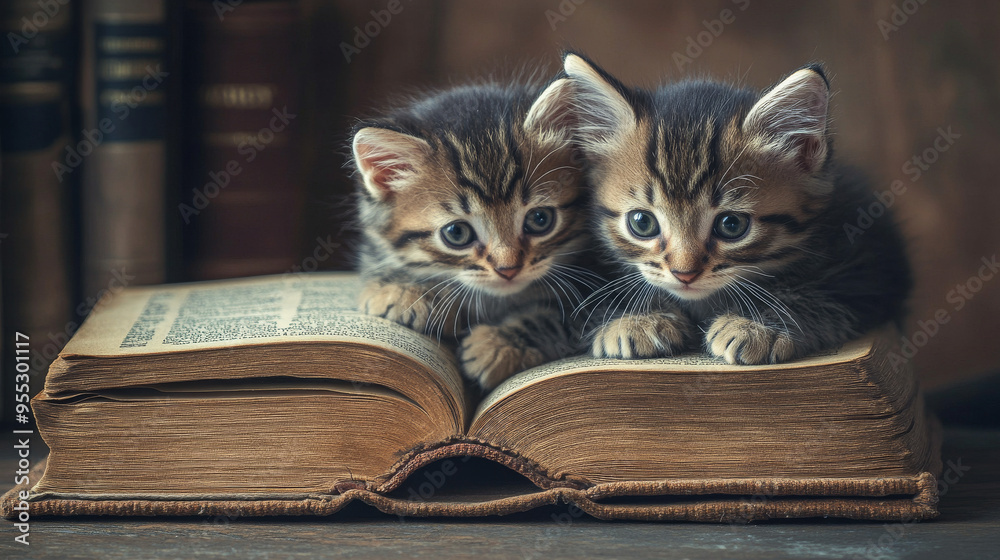Little kittens sitting near an old book Little kittens sitting near an old book