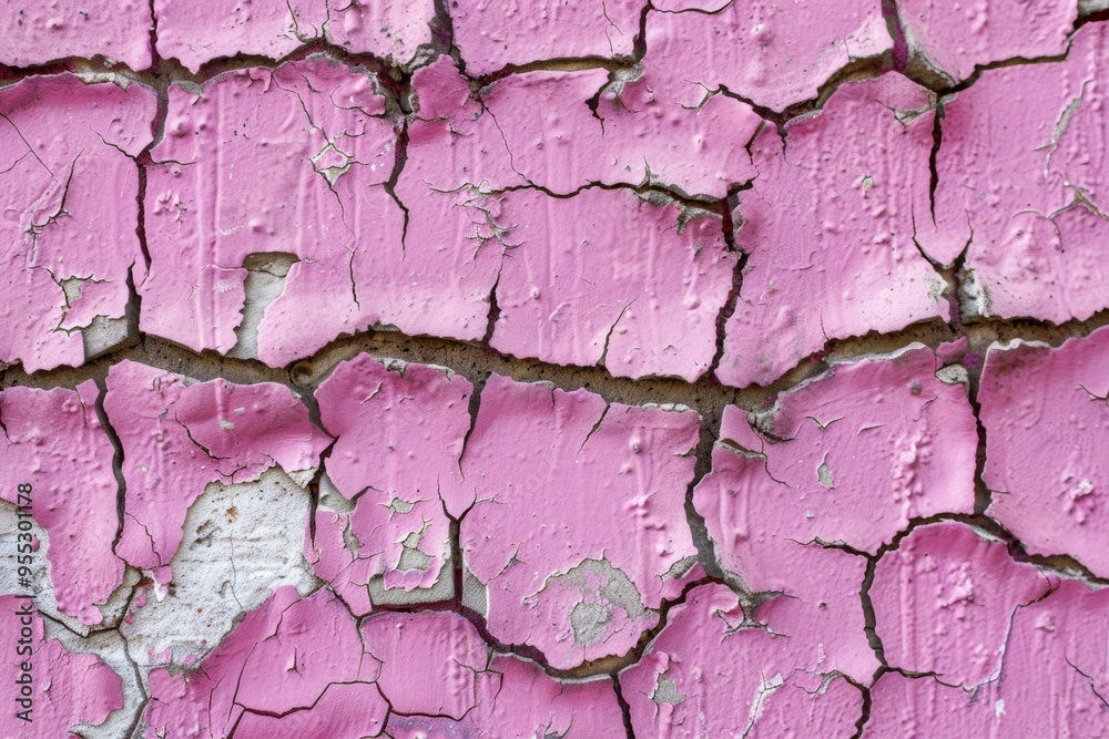 Weathered pink paint peeling on textured wall surface