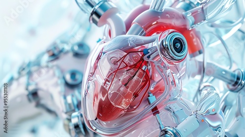 Artificial heart with tubes, futuristic medical tech, sterile background, detailed closeup
