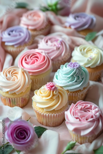 Assorted pastel cupcakes with intricate frosting, surrounded by delicate roses on a soft cloth