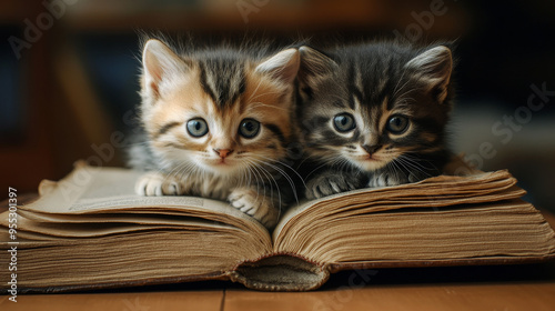 Little kittens sitting near an old book