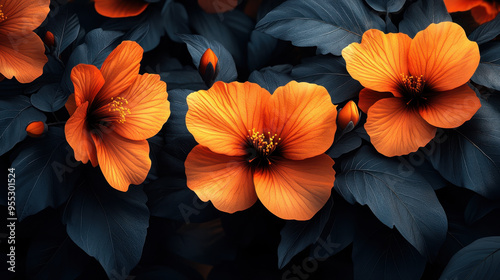 Wallpaper Mural Close-up of bright orange flowers with rich, dark green leaves, creating a striking contrast that emphasizes the vivid petals Torontodigital.ca